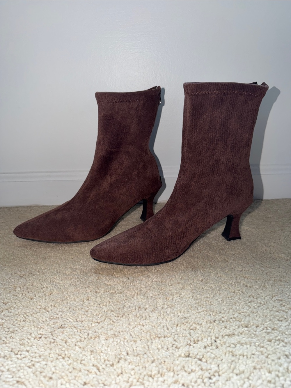 Brown Suede Mid-Calf Pointed Toe Kitten Heel Boots